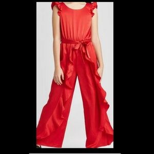 girls red ruffle jumpsuit romper pants size 7/8